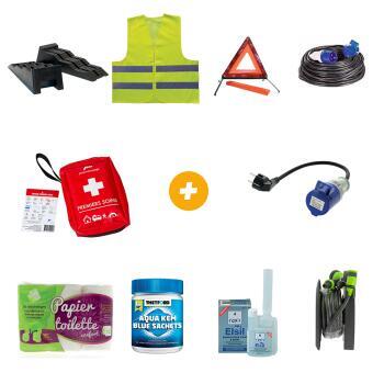 Lot 2 cales mise à niveau +Gilet de sécu +Triangle présignalis +Trousse Premiers Soins +Adaptateur fem CEE P17/mâle Schuko +Rallonge CEE 17 15m x 1,5mm2 +Tuyau eau 10m minienrouleur +Purificateur d'eau+Papier spécial toilettes portables +Aqua-Kem