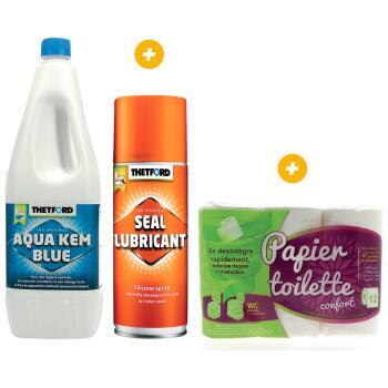 Aqua-Kem bleu 2 litres +  Spray lubrifiant +  Papier toilette