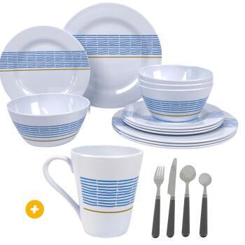 Pack vaisselle mélamine 12 pièces Olympia +  Pack 4 mugs +  Set de 24 couverts