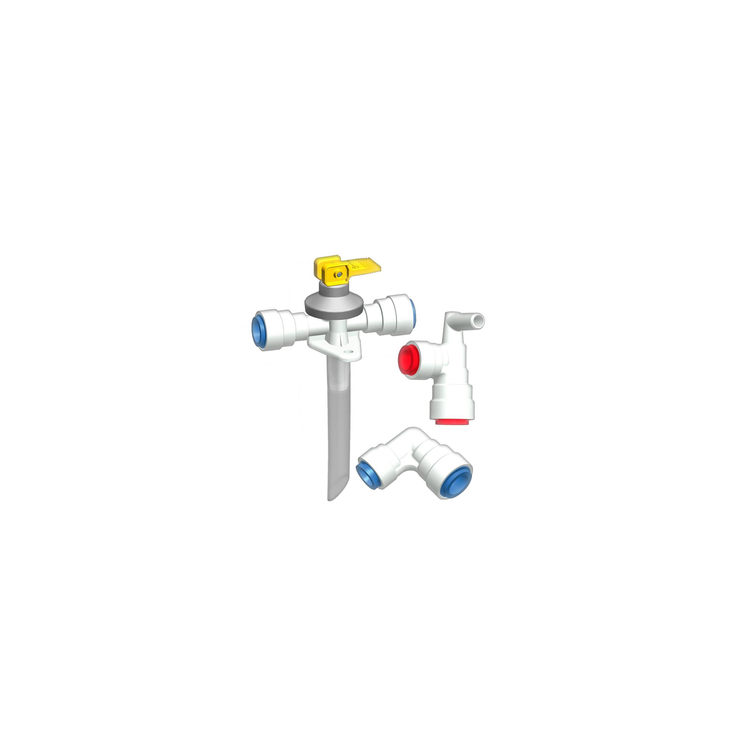 Raccordement Eau Boiler : Soupape de vidange et raccords coudés pour pose de tubes rigides diam. 12mm (système Jon Guest)