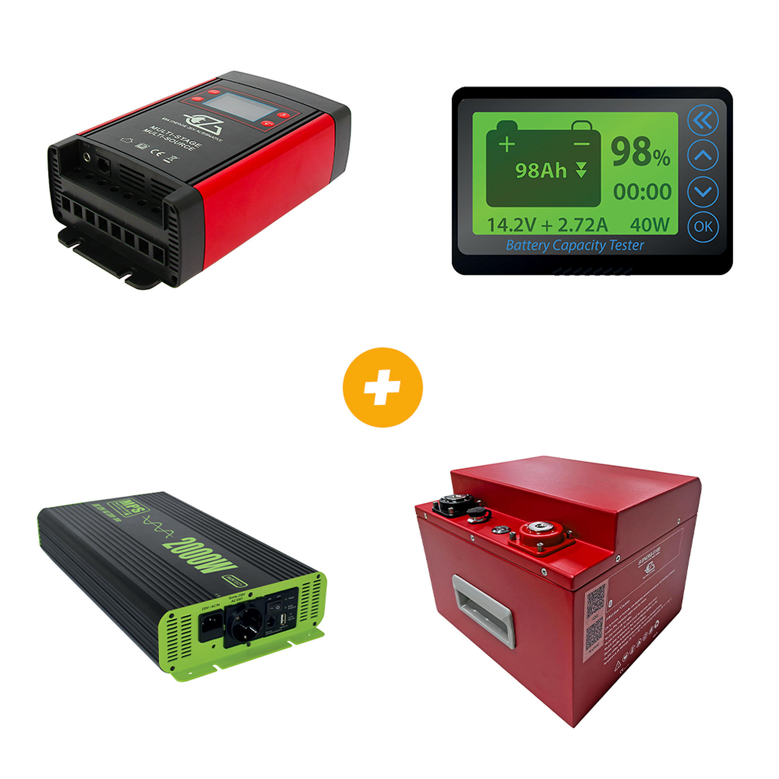 DC-DC MBB1040 + AFFICHEUR UNIVERSEL + CONVERTISSEUR PSIN 12V 2000W + BAT COMPACT ENERg-E 100