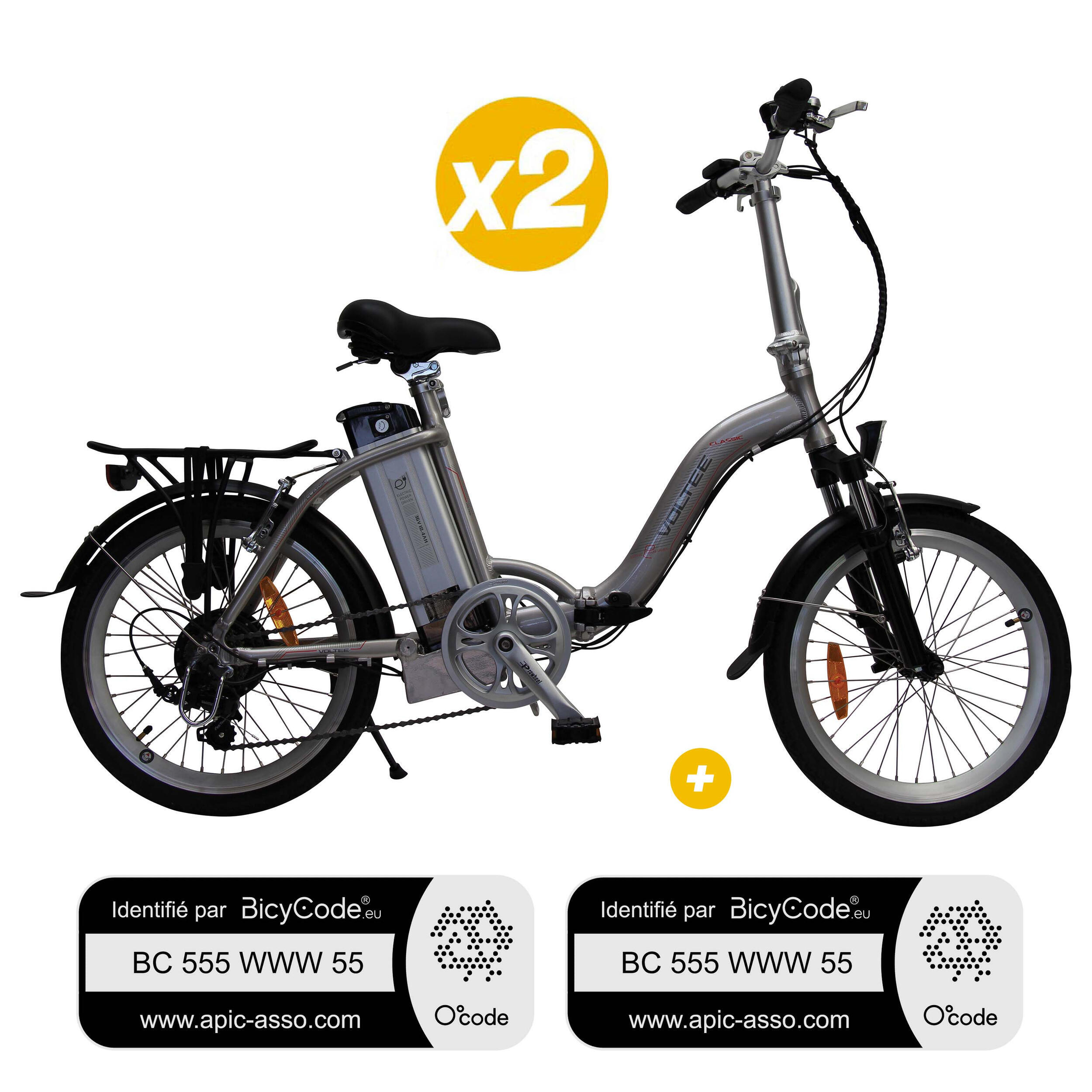 Pack 2 Vélos à assistance électrique pliants Classic 20'' Gris + Marquage BicyCode